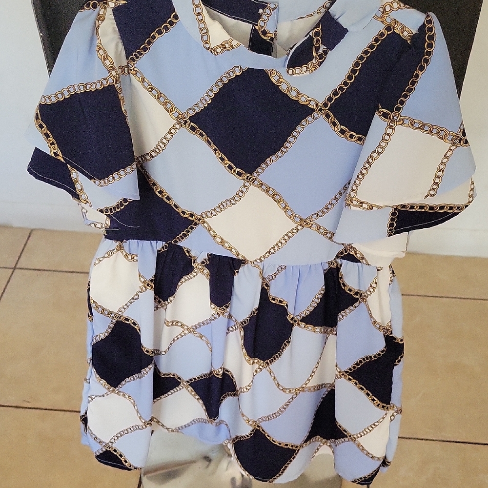 Janie and Jack Navy, Light Blue & Cream Chain Print Peplum Top